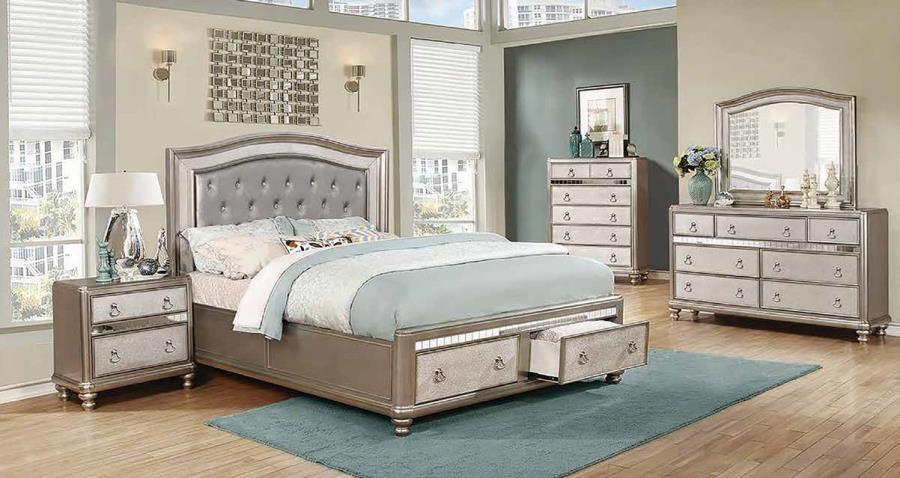 Bling Game Storage Bedroom Set Metallic Platinum Coaster Eastern King, 4 Piece FredCo