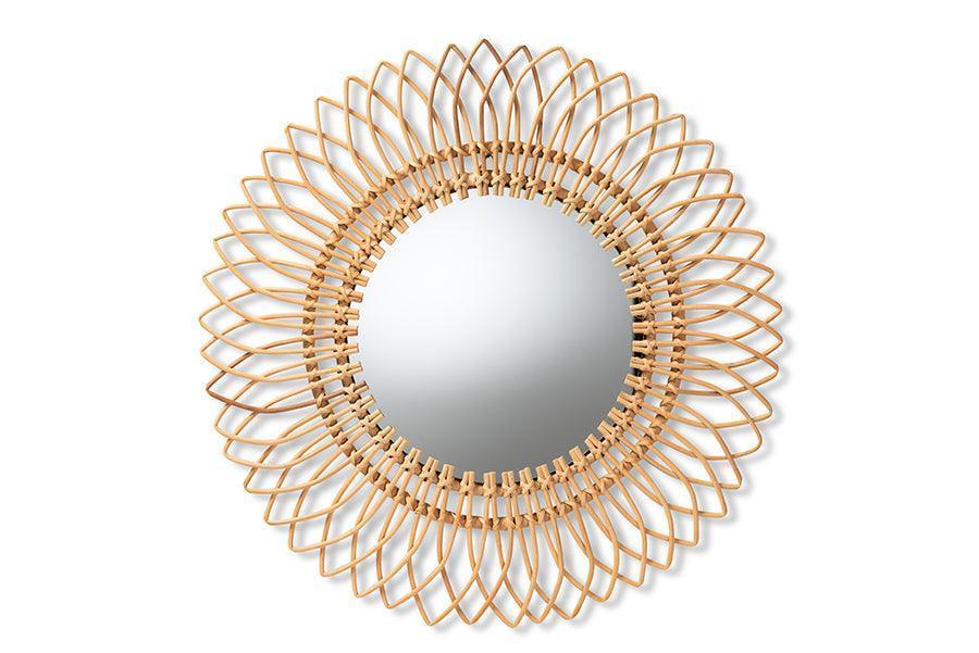 Bora Modern Bohemian Natural Brown Rattan Accent Wall Mirror FredCo
