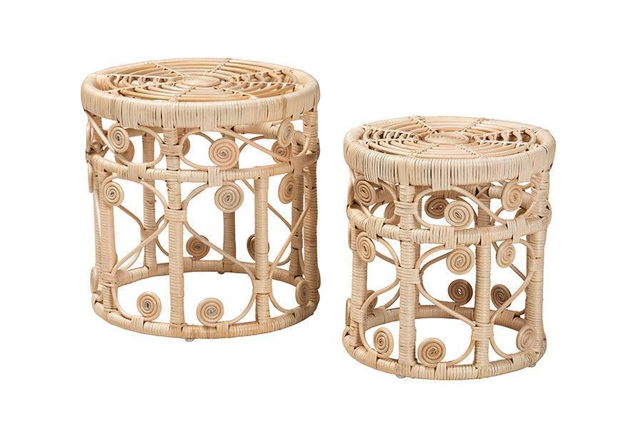 Bowie Modern Bohemian Natural Brown Rattan 2-Piece Nesting End Table Set FredCo