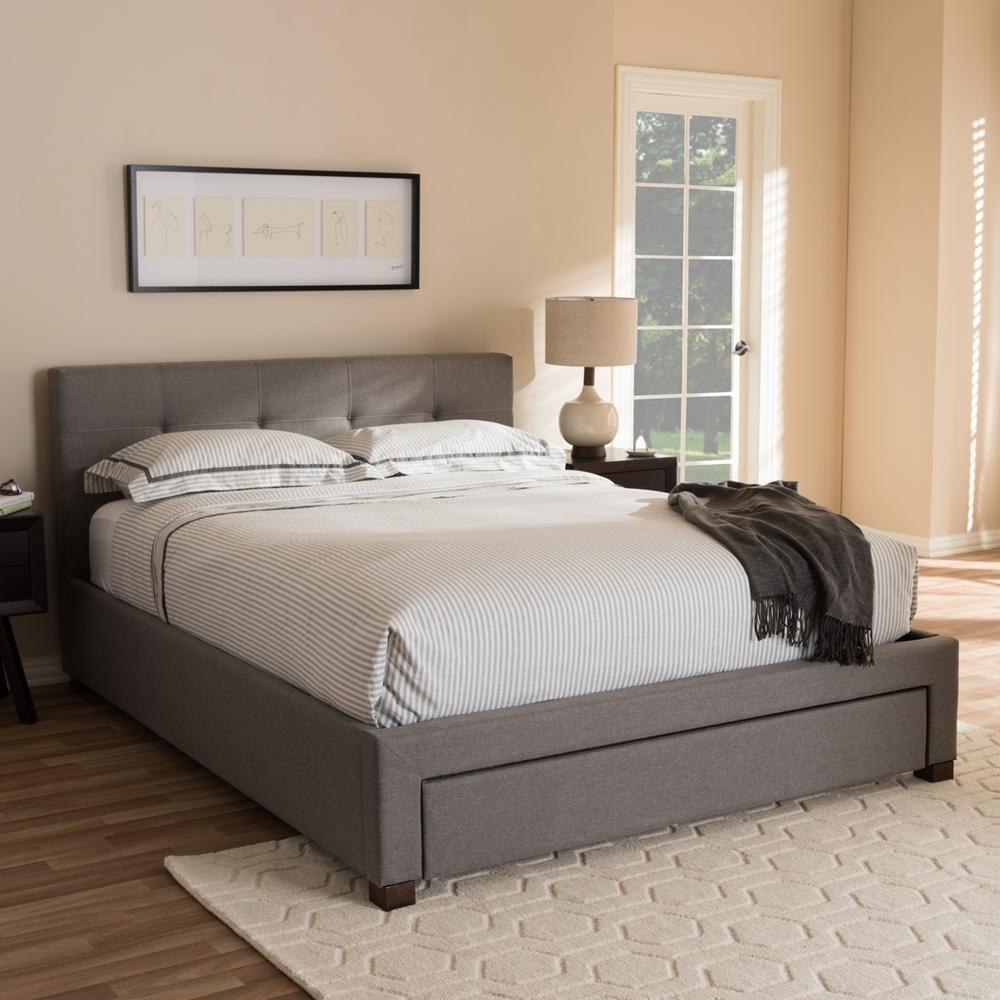 Brandy Modern and Contemporary Grey Fabric Upholstered King Size Platform Bed with Storage Drawer FredCo