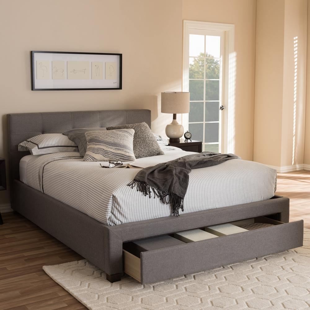 Brandy Modern and Contemporary Grey Fabric Upholstered King Size Platform Bed with Storage Drawer FredCo