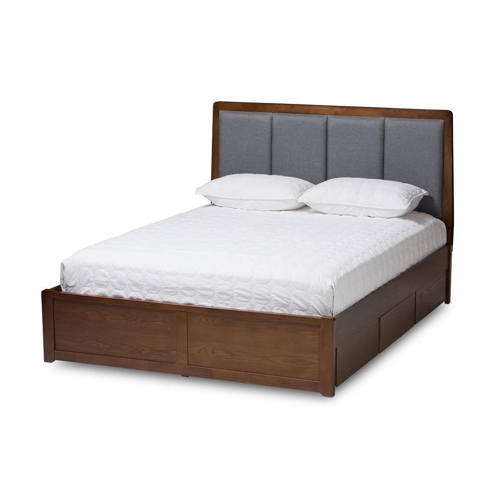 Brannigan Modern and Contemporary Dark Grey Fabric Upholstered Walnut Finished Queen Size Storage Platform Bed FredCo