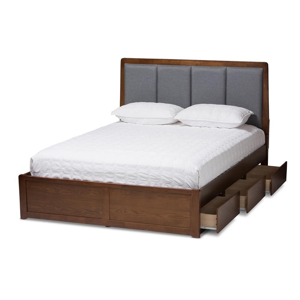 Brannigan Modern and Contemporary Dark Grey Fabric Upholstered Walnut Finished Queen Size Storage Platform Bed FredCo