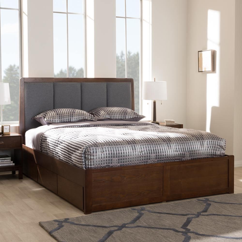 Brannigan Modern and Contemporary Dark Grey Fabric Upholstered Walnut Finished Queen Size Storage Platform Bed FredCo