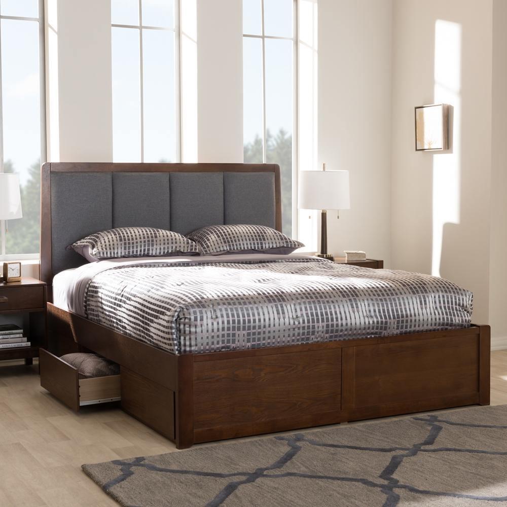 Brannigan Modern and Contemporary Dark Grey Fabric Upholstered Walnut Finished Queen Size Storage Platform Bed FredCo
