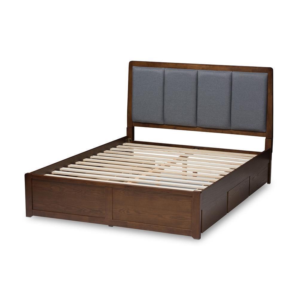Brannigan Modern and Contemporary Dark Grey Fabric Upholstered Walnut Finished Queen Size Storage Platform Bed FredCo