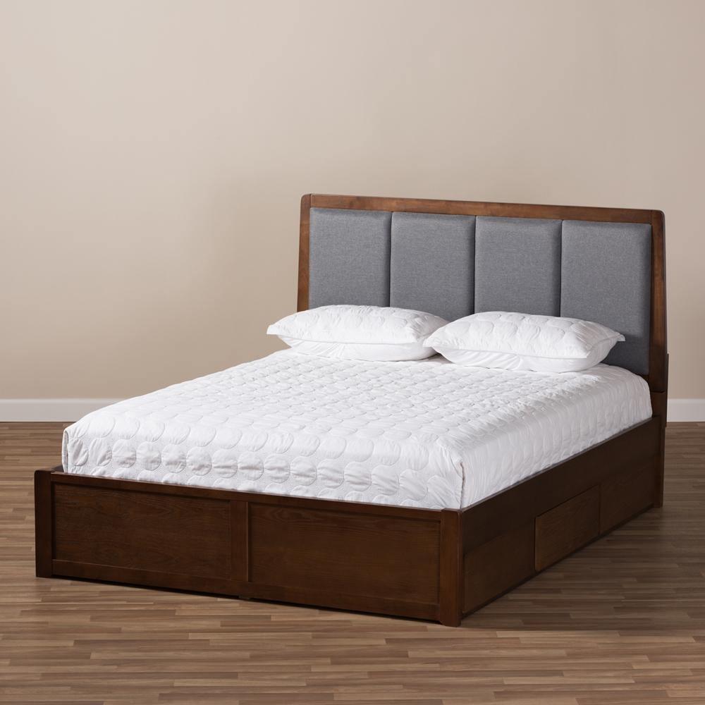 Brannigan Modern and Contemporary Dark Grey Fabric Upholstered Walnut Finished Queen Size Storage Platform Bed FredCo