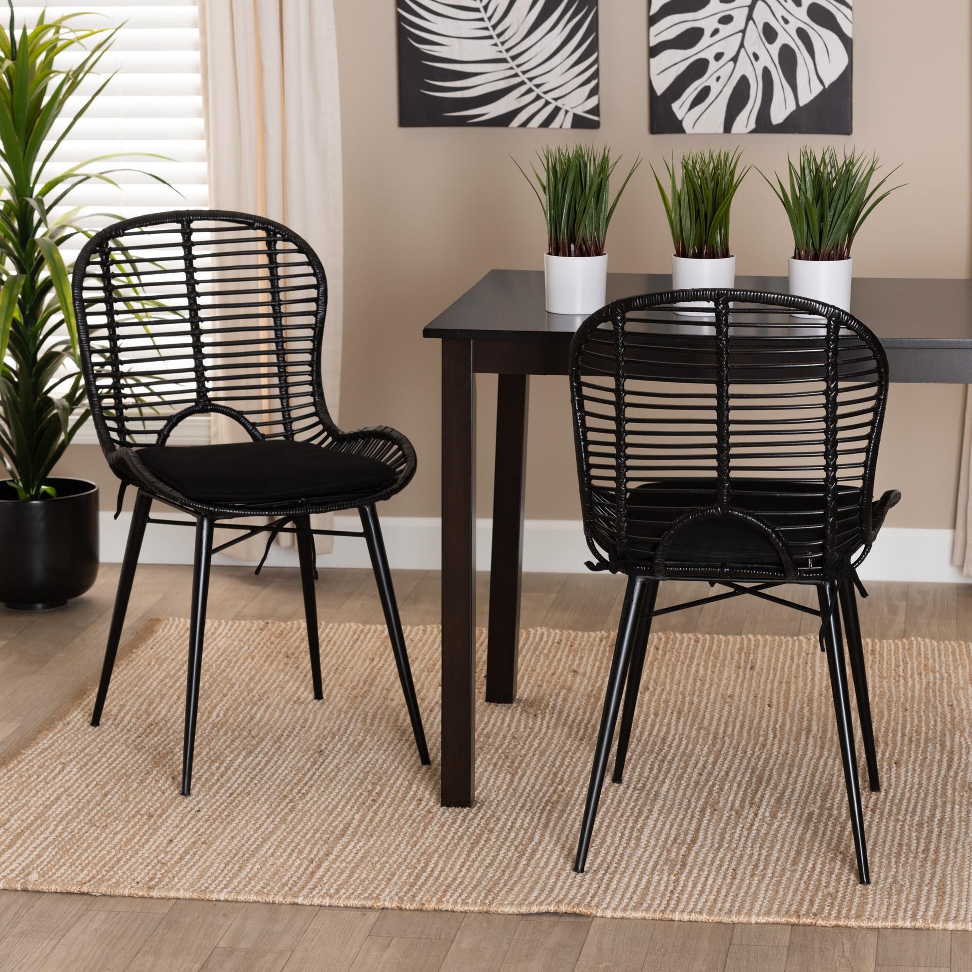 Brenna Modern Bohemian Black Finished Rattan and Metal Dining Chair FredCo