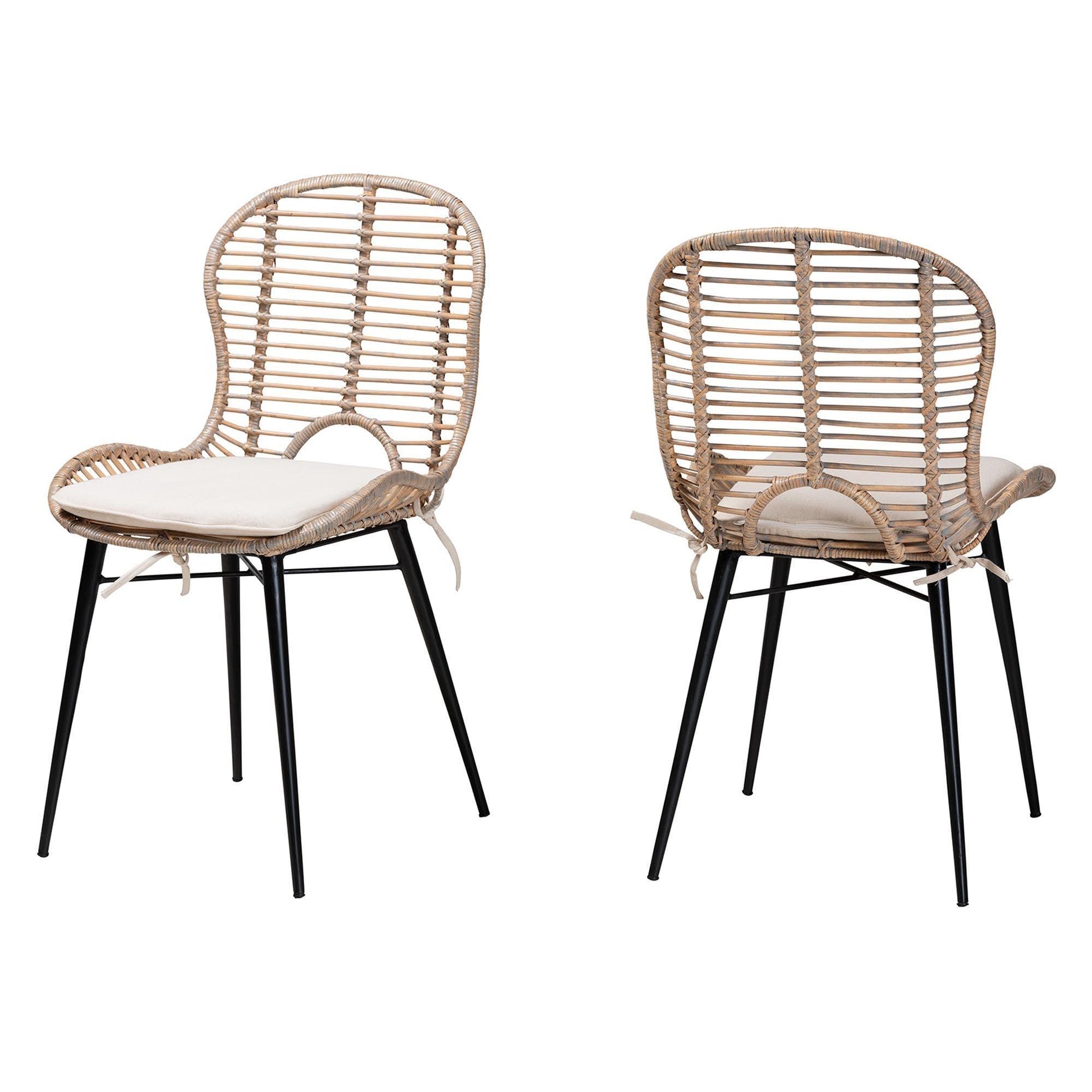 Brenna Modern Bohemian Greywashed Rattan and Black Metal Dining Chair FredCo