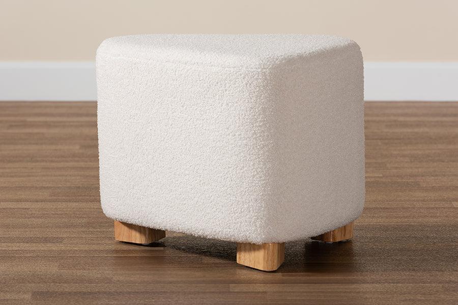 Brielle Modern and Contemporary Ivory Boucle Upholstered and Natural Brown Finished Wood Ottoman FredCo