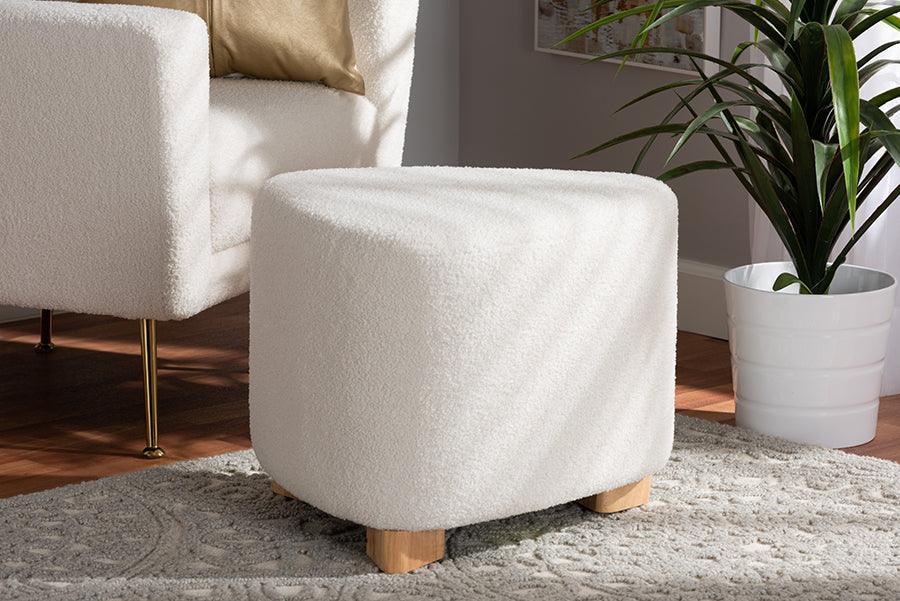 Brielle Modern and Contemporary Ivory Boucle Upholstered and Natural Brown Finished Wood Ottoman FredCo