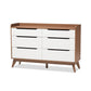 Brighton Mid-Century Modern White and Walnut Wood 6-Drawer Storage Dresser FredCo