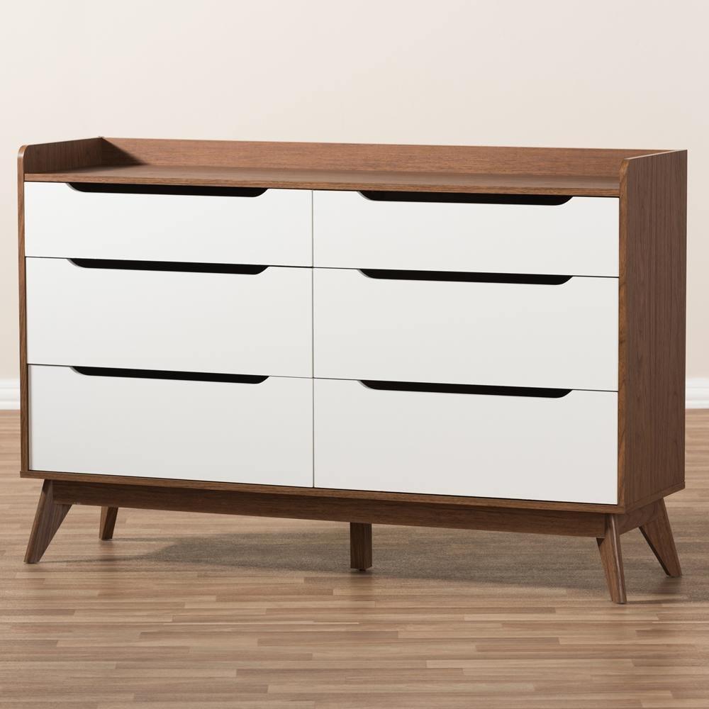 Brighton Mid-Century Modern White and Walnut Wood 6-Drawer Storage Dresser FredCo