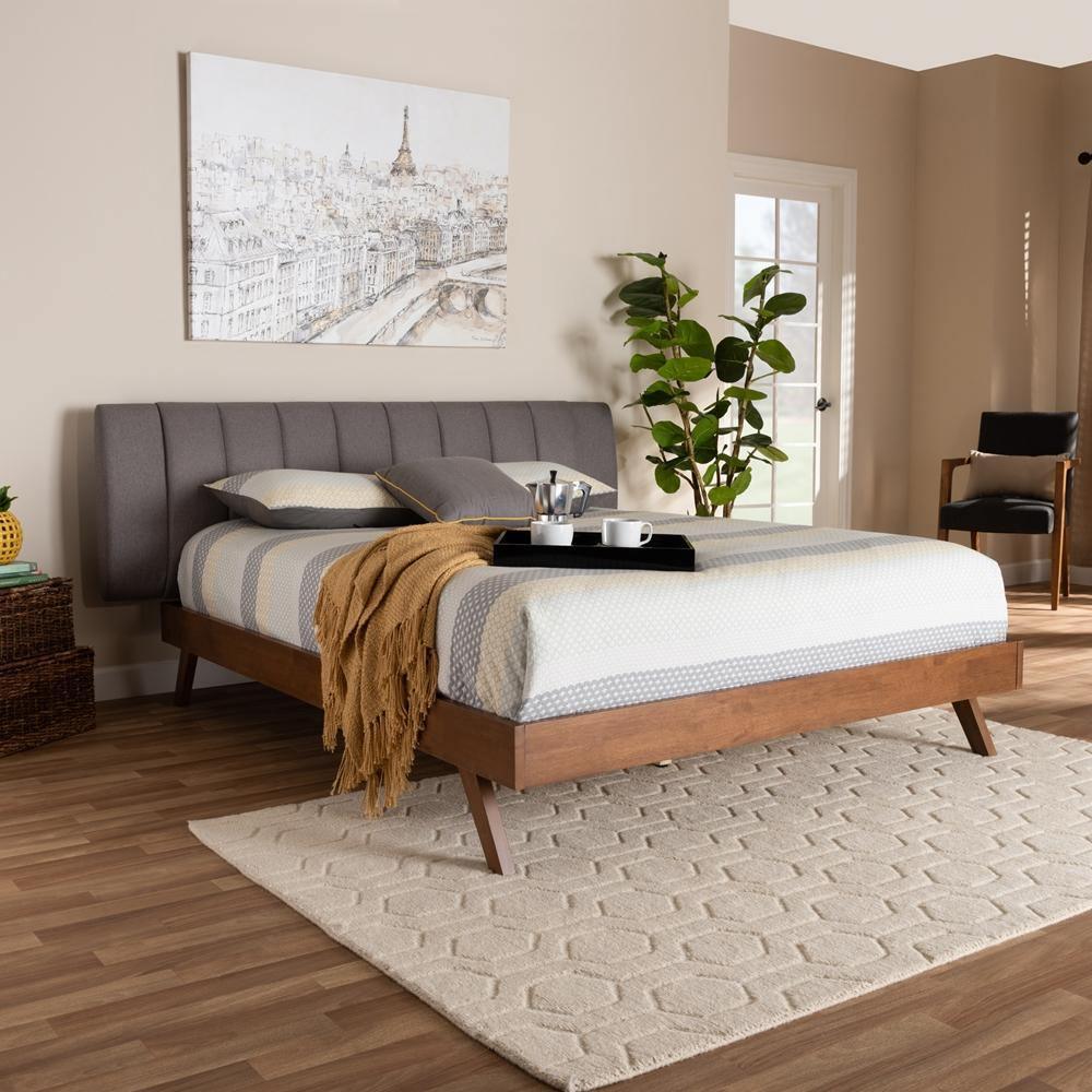 Brita Mid-Century Modern Grey Fabric Upholstered Walnut Finished Wood King Size Bed FredCo