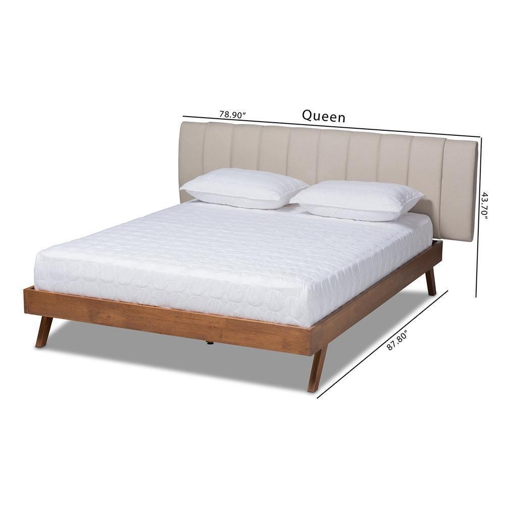 Brita Mid-Century Modern Light Beige Fabric Upholstered Walnut Finished Wood King Size Bed FredCo