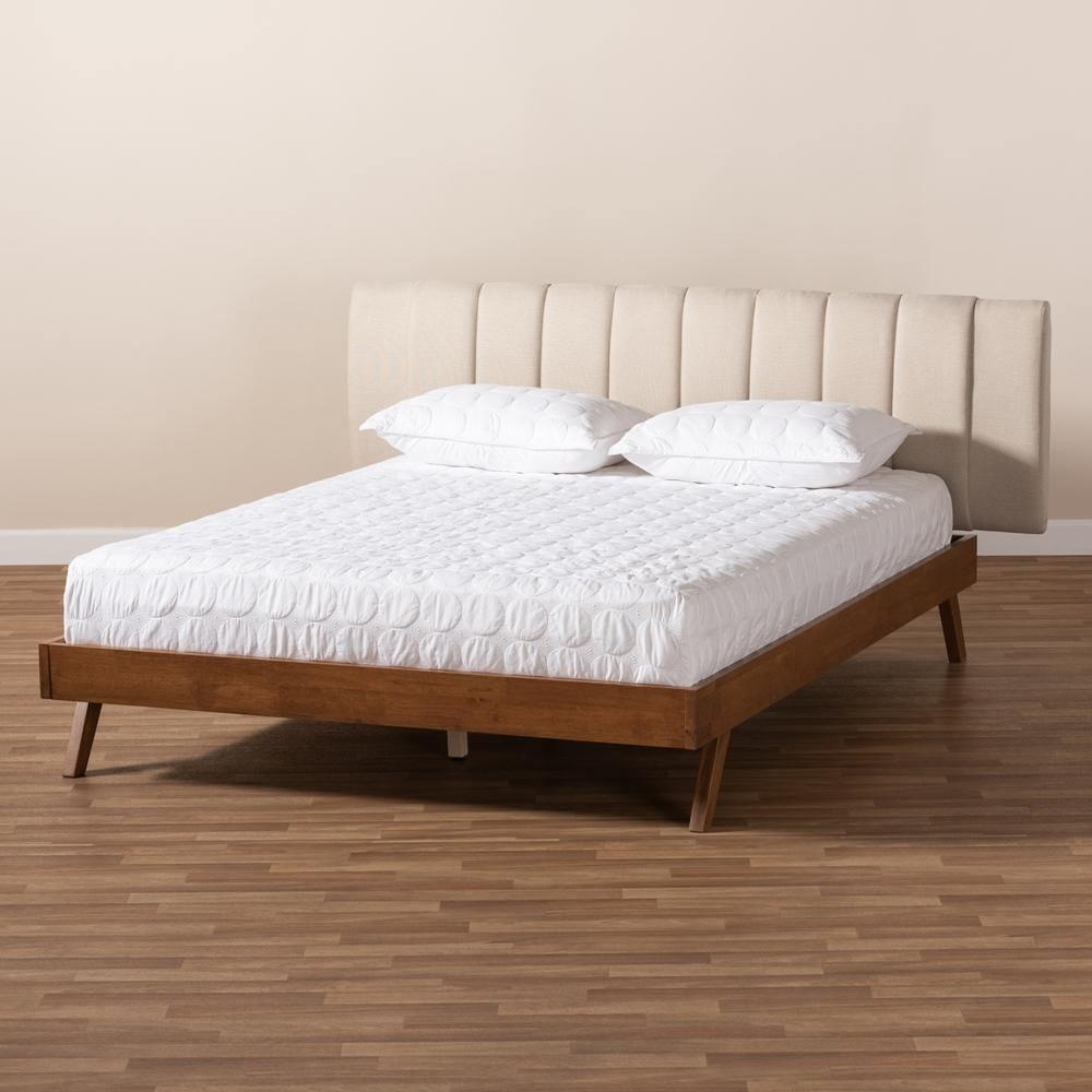Brita Mid-Century Modern Light Beige Fabric Upholstered Walnut Finished Wood King Size Bed FredCo