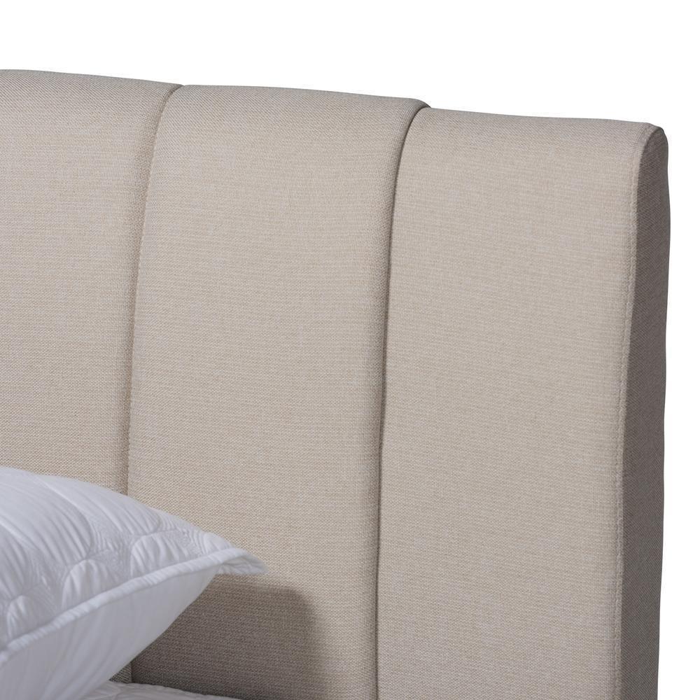 Brita Mid-Century Modern Light Beige Fabric Upholstered Walnut Finished Wood King Size Bed FredCo