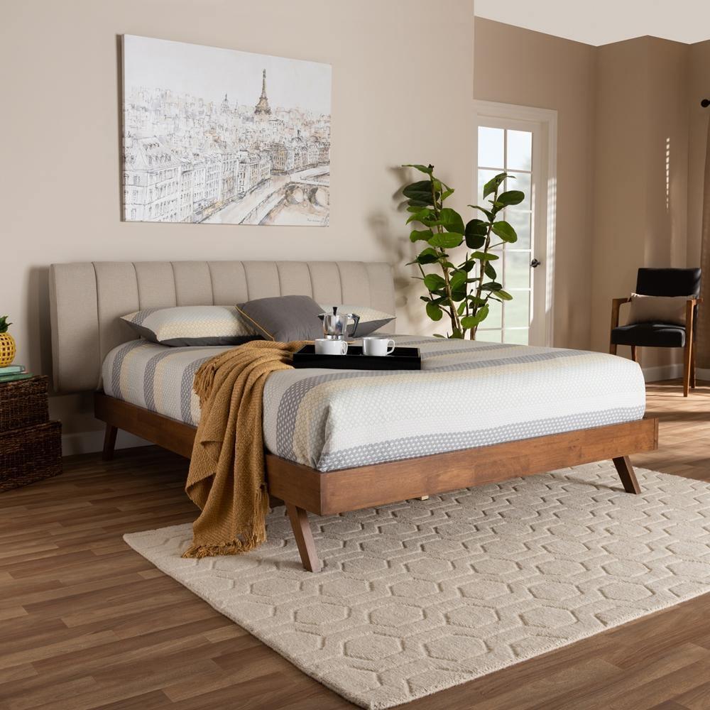 Brita Mid-Century Modern Light Beige Fabric Upholstered Walnut Finished Wood King Size Bed FredCo