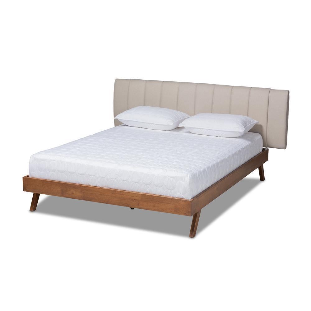 Brita Mid-Century Modern Light Beige Fabric Upholstered Walnut Finished Wood King Size Bed FredCo