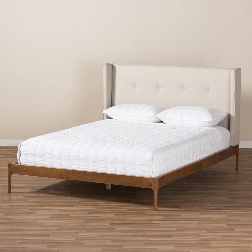 Brooklyn Mid-Century Modern Walnut Wood Beige Fabric King Size Platform Bed FredCo