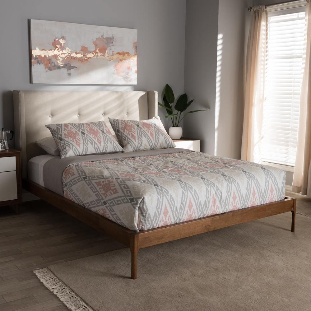 Brooklyn Mid-Century Modern Walnut Wood Beige Fabric King Size Platform Bed FredCo