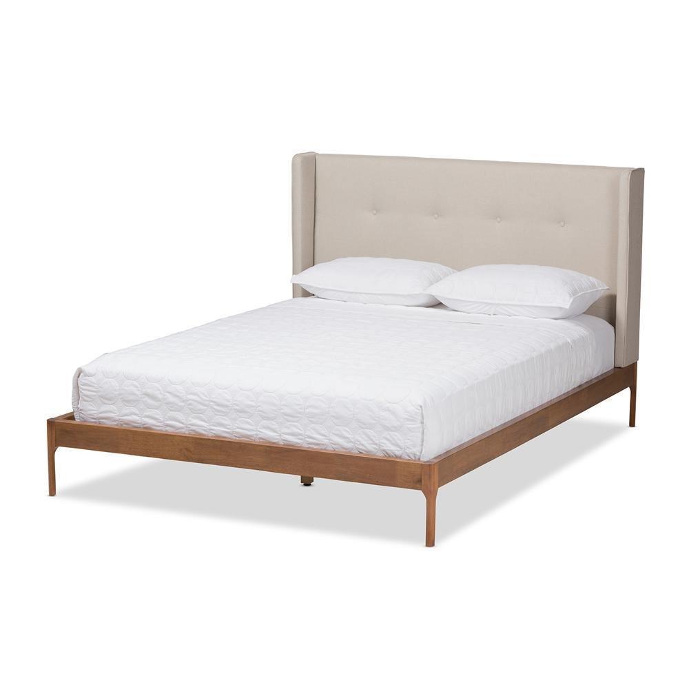 Brooklyn Mid-Century Modern Walnut Wood Beige Fabric King Size Platform Bed FredCo