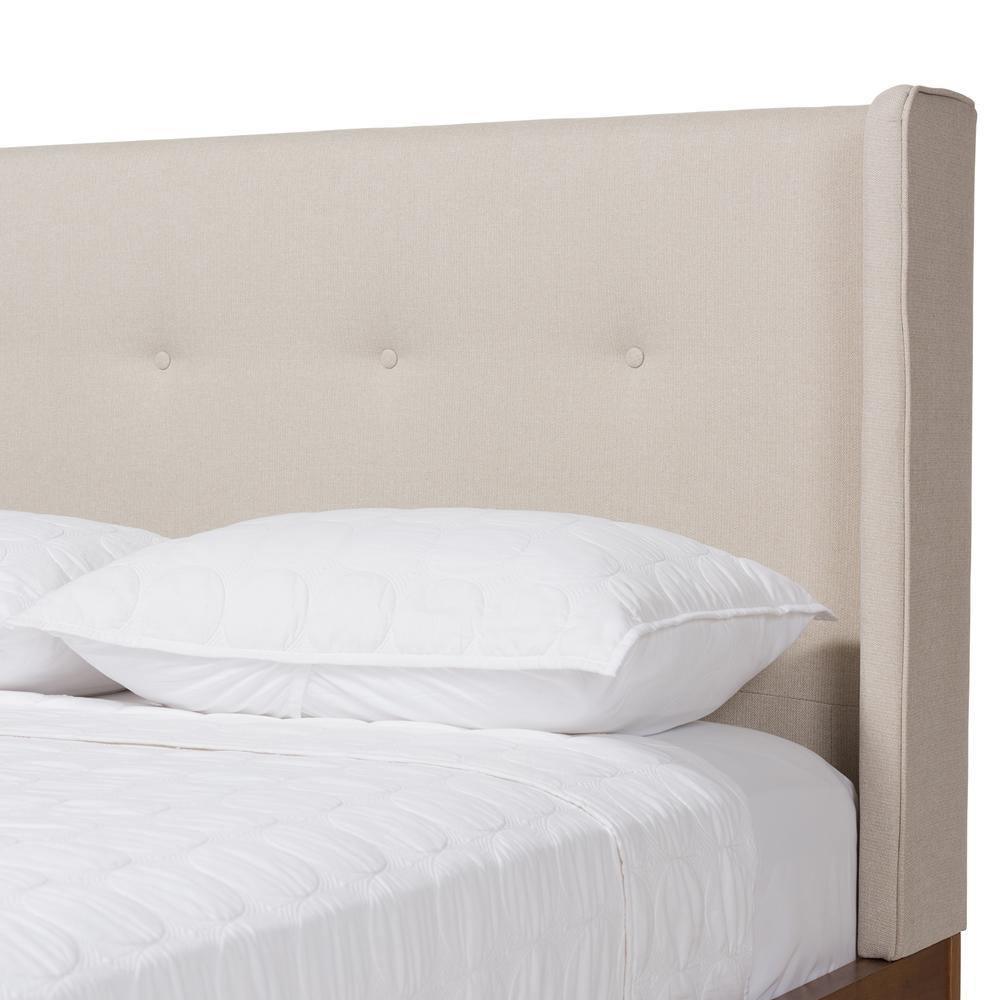 Brooklyn Mid-Century Modern Walnut Wood Beige Fabric King Size Platform Bed FredCo
