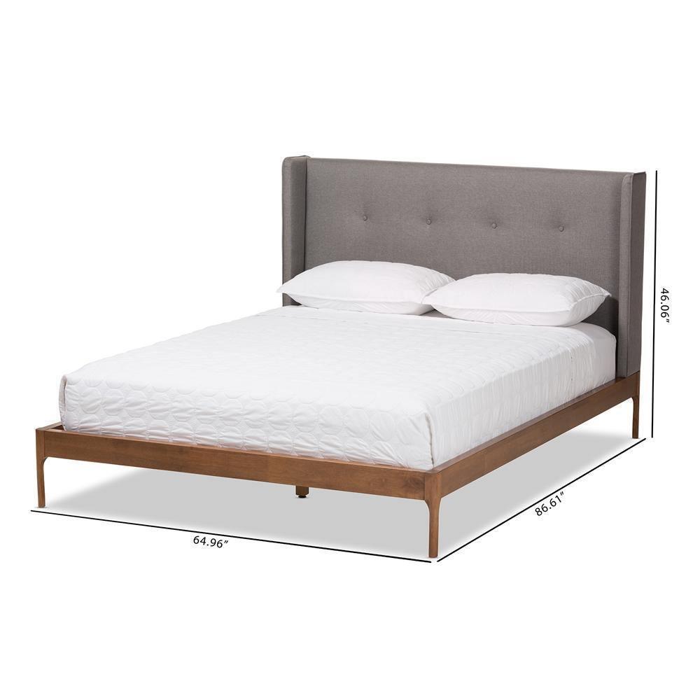 Brooklyn Mid-Century Modern Walnut Wood Grey Fabric King Size Platform Bed FredCo
