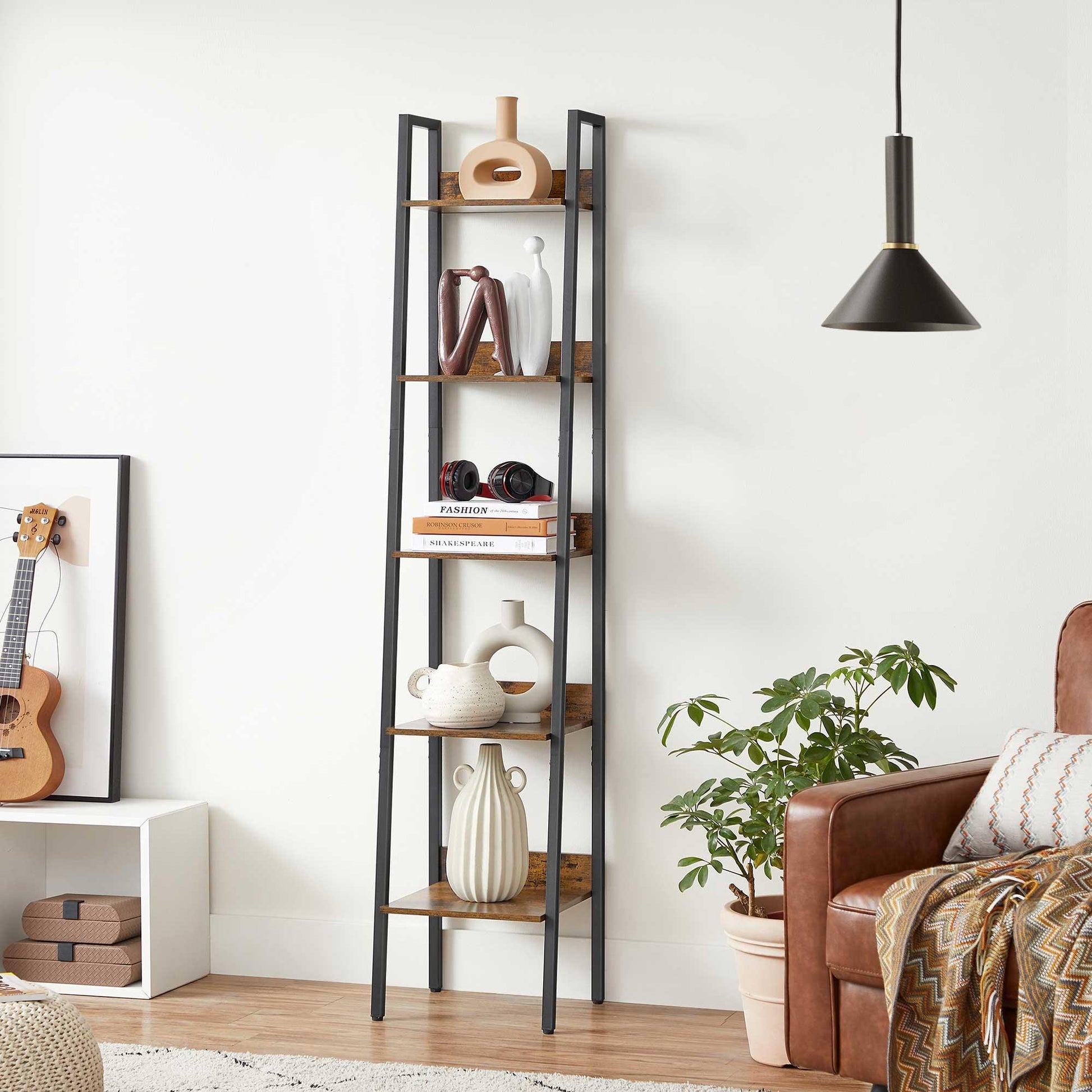 Brown 5-Tier Slim Ladder Shelves for Narrow Space FredCo