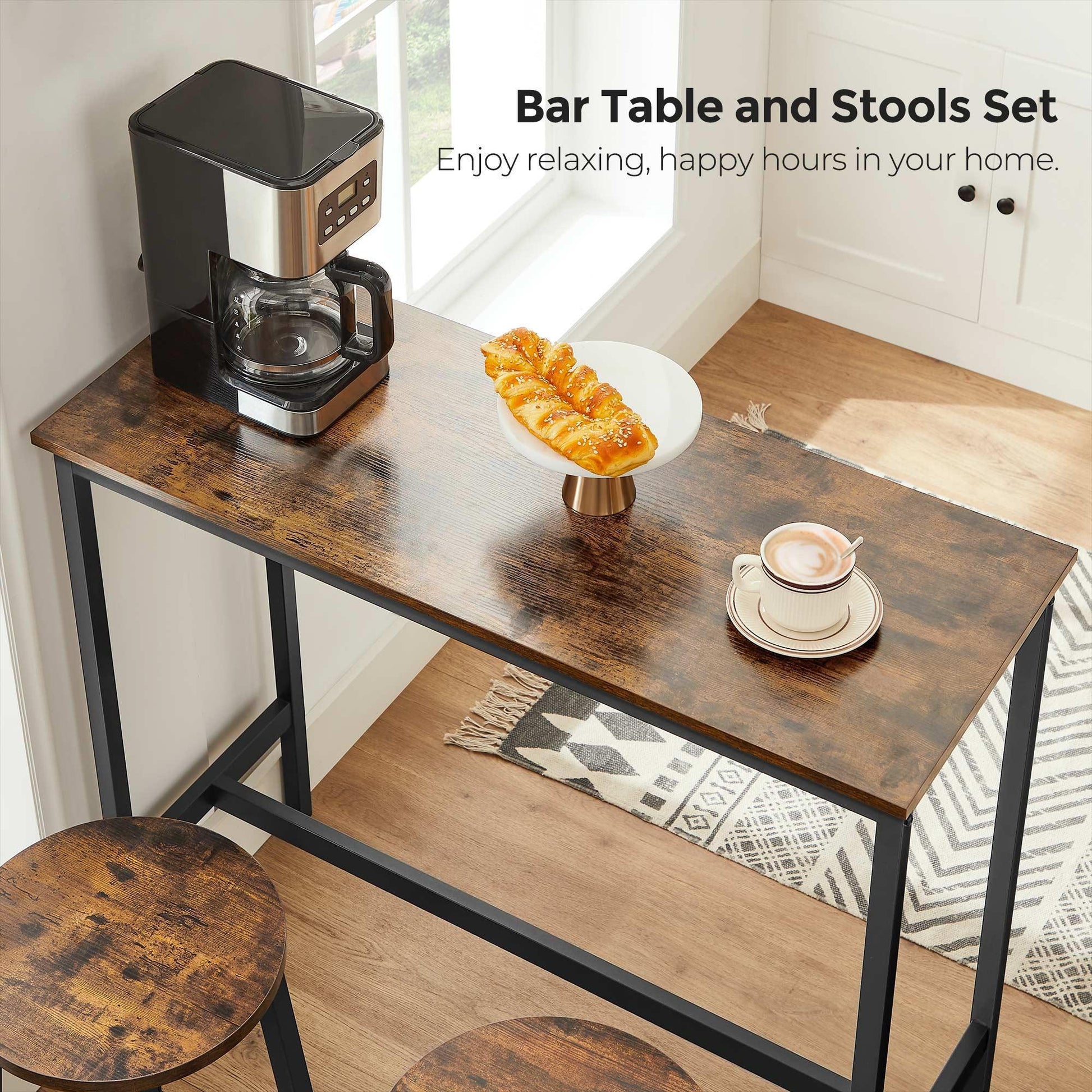 Brown & Black Bar Table with 2 Round Stools FredCo