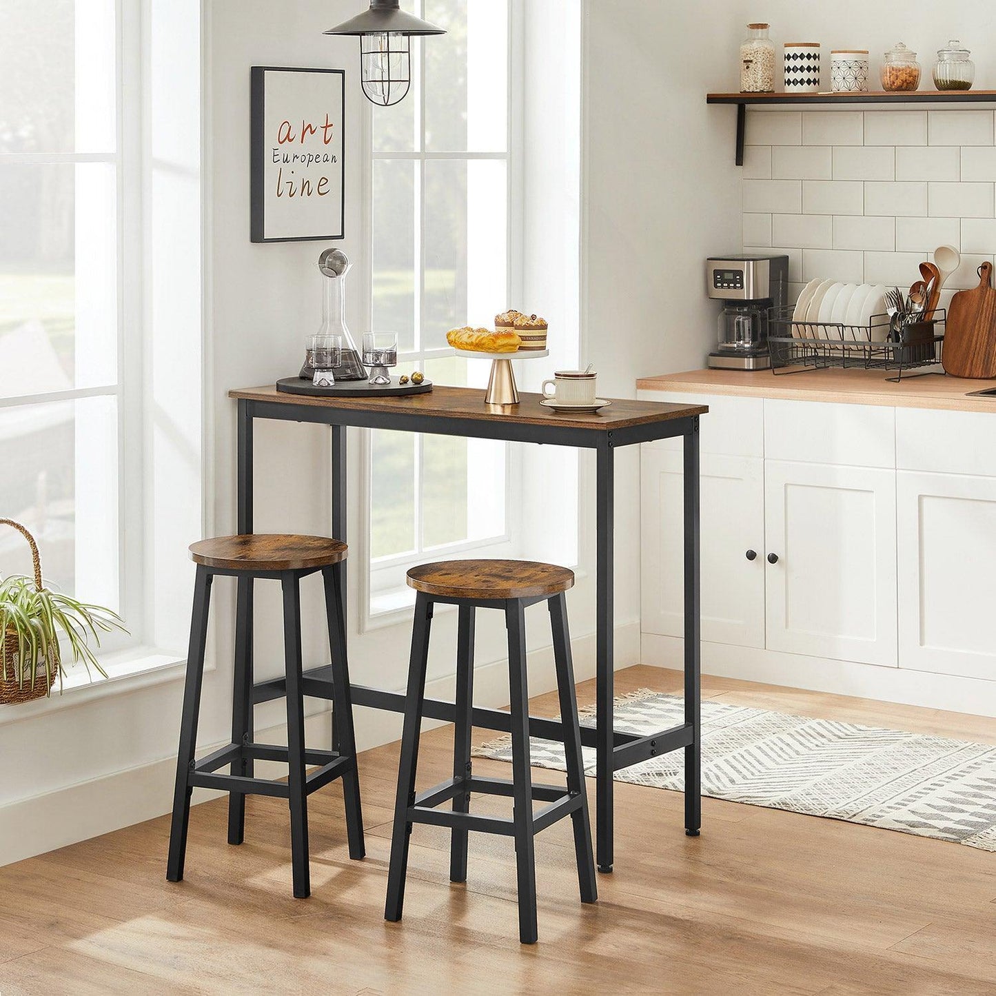 Brown & Black Bar Table with 2 Round Stools FredCo