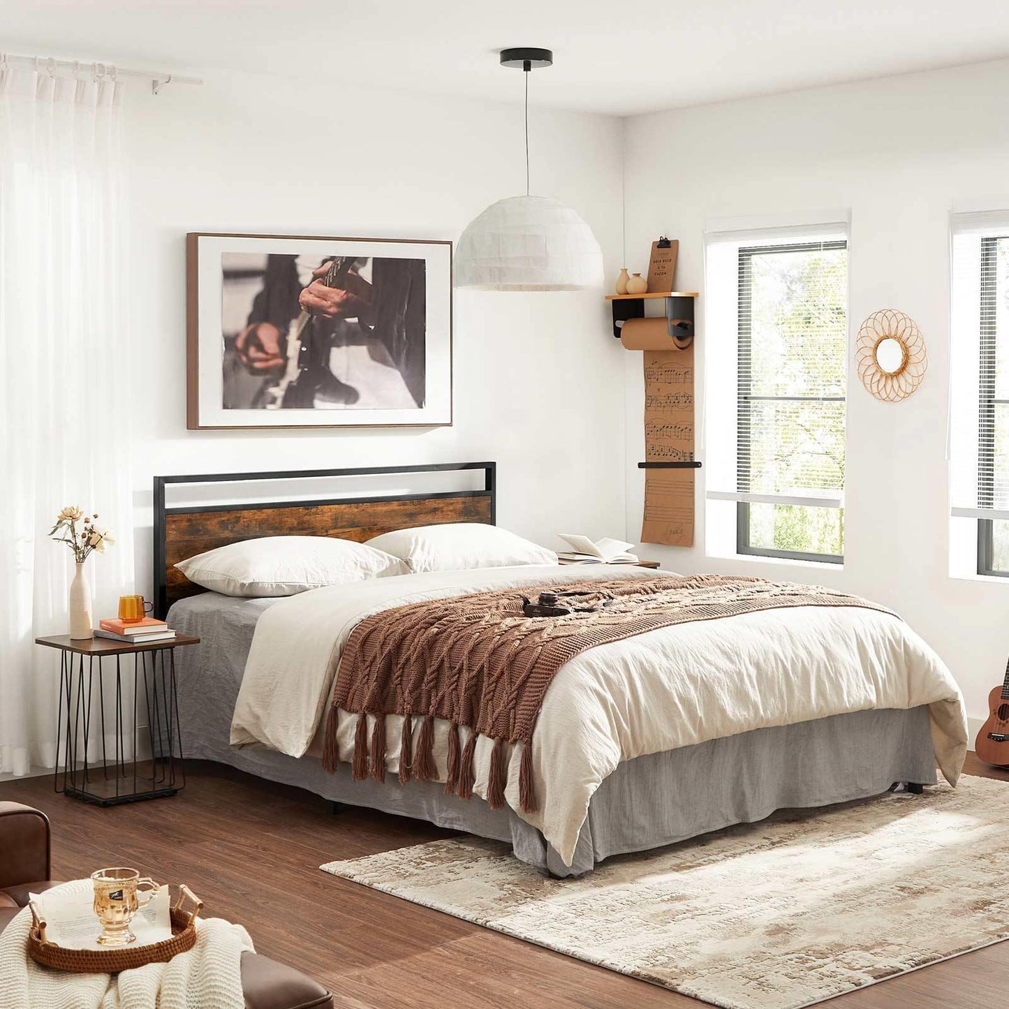 Brown & Black Full Size Metal Bed Frame with Headboard FredCo