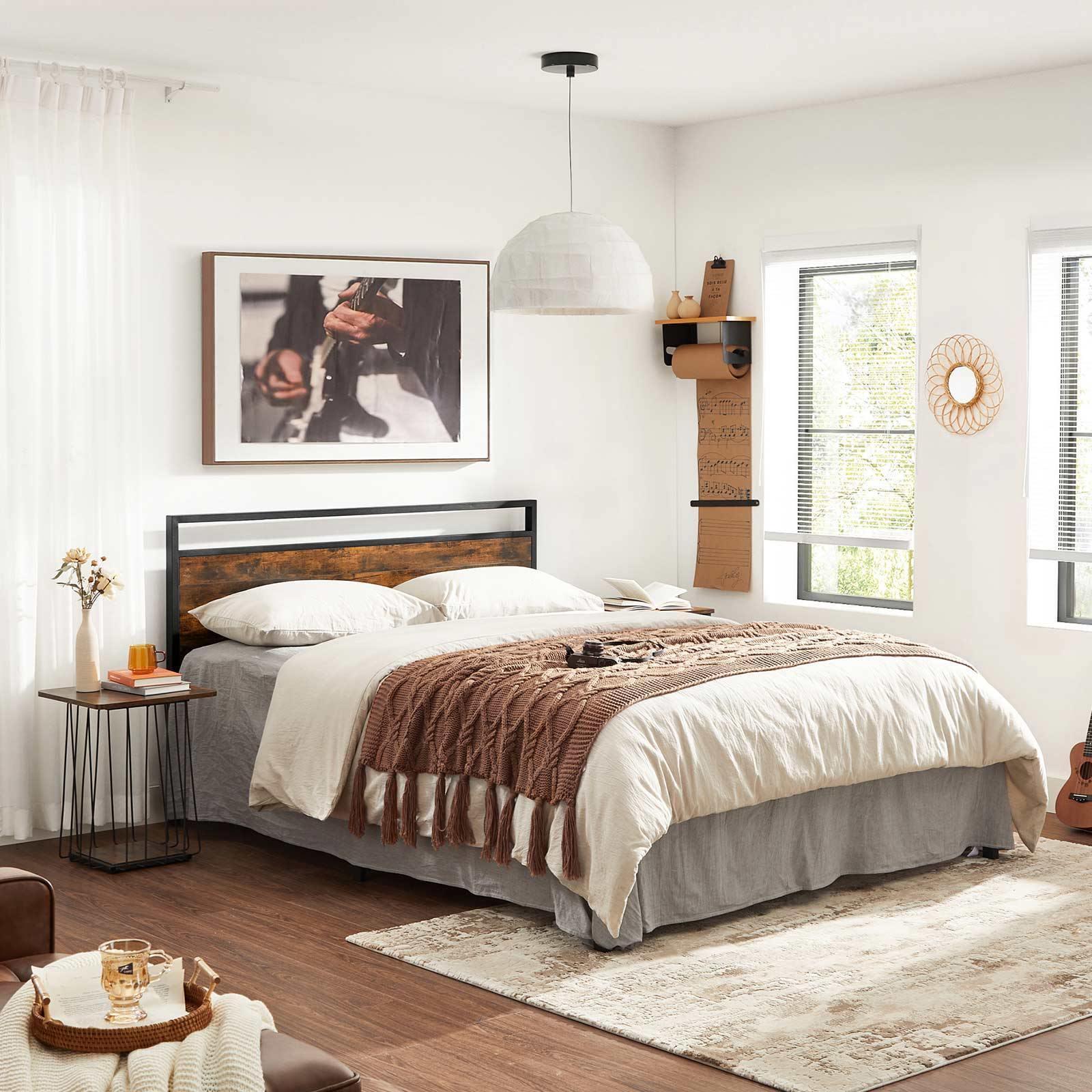 Brown & Black Full Size Metal Bed Frame with Headboard FredCo
