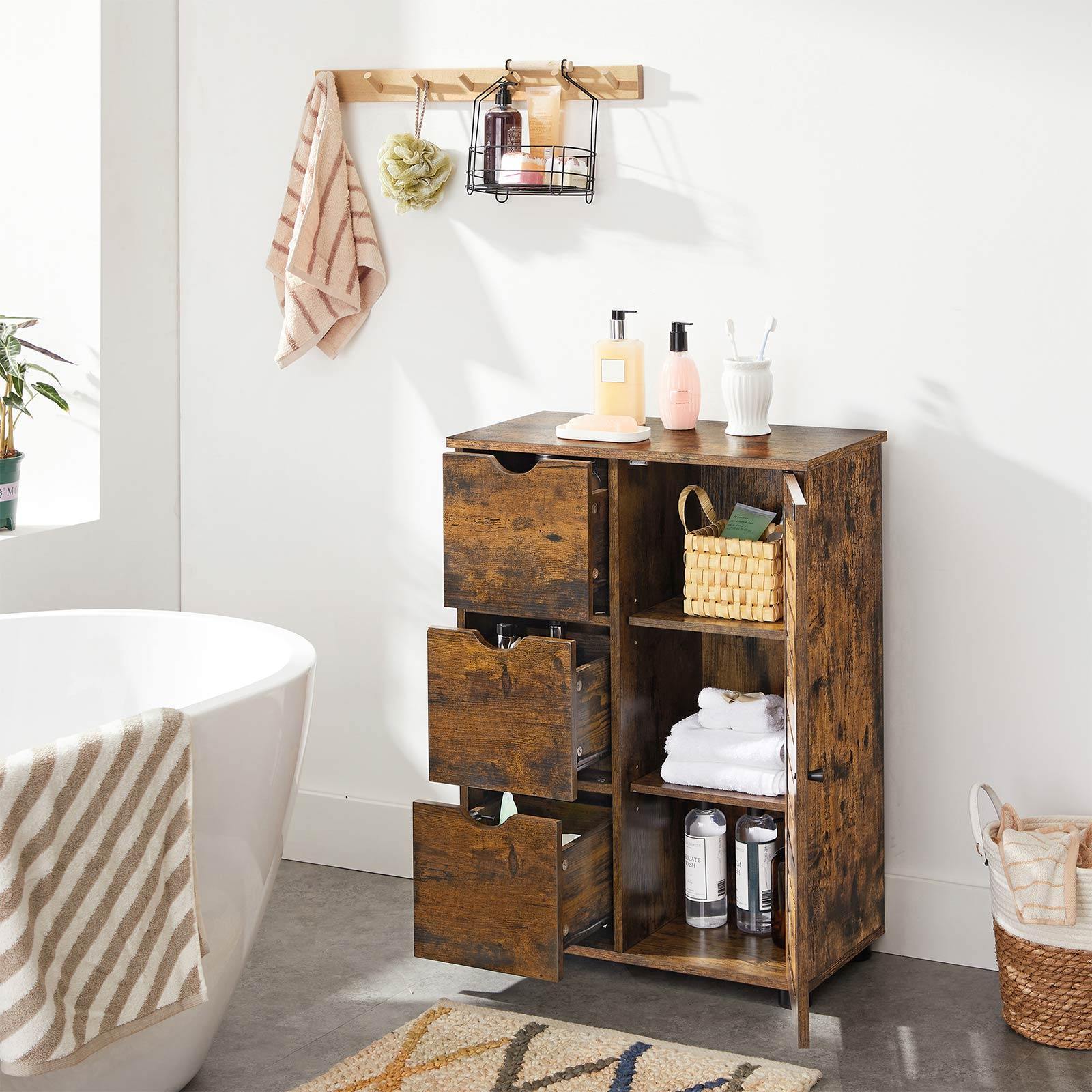 Brown Floor Standing Bathroom Cabinet with 3 Drawers FredCo