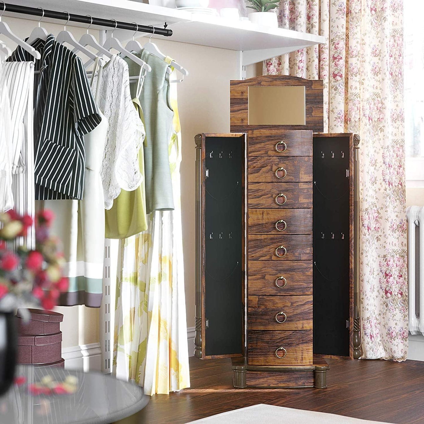 Brown Jewelry Storage Armoire with Mirror FredCo