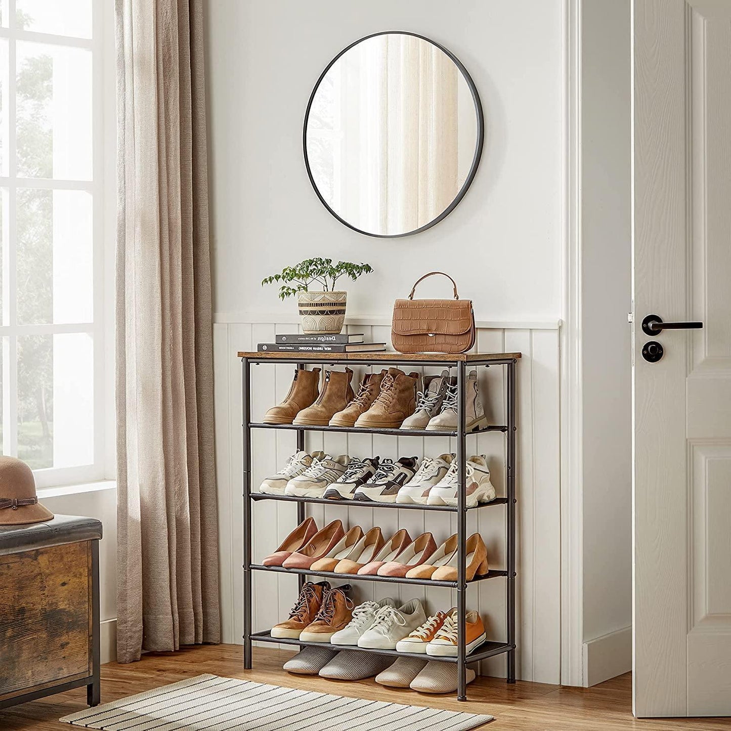 Brown Shoe Storage Rack with 4 Fabric Shelves FredCo