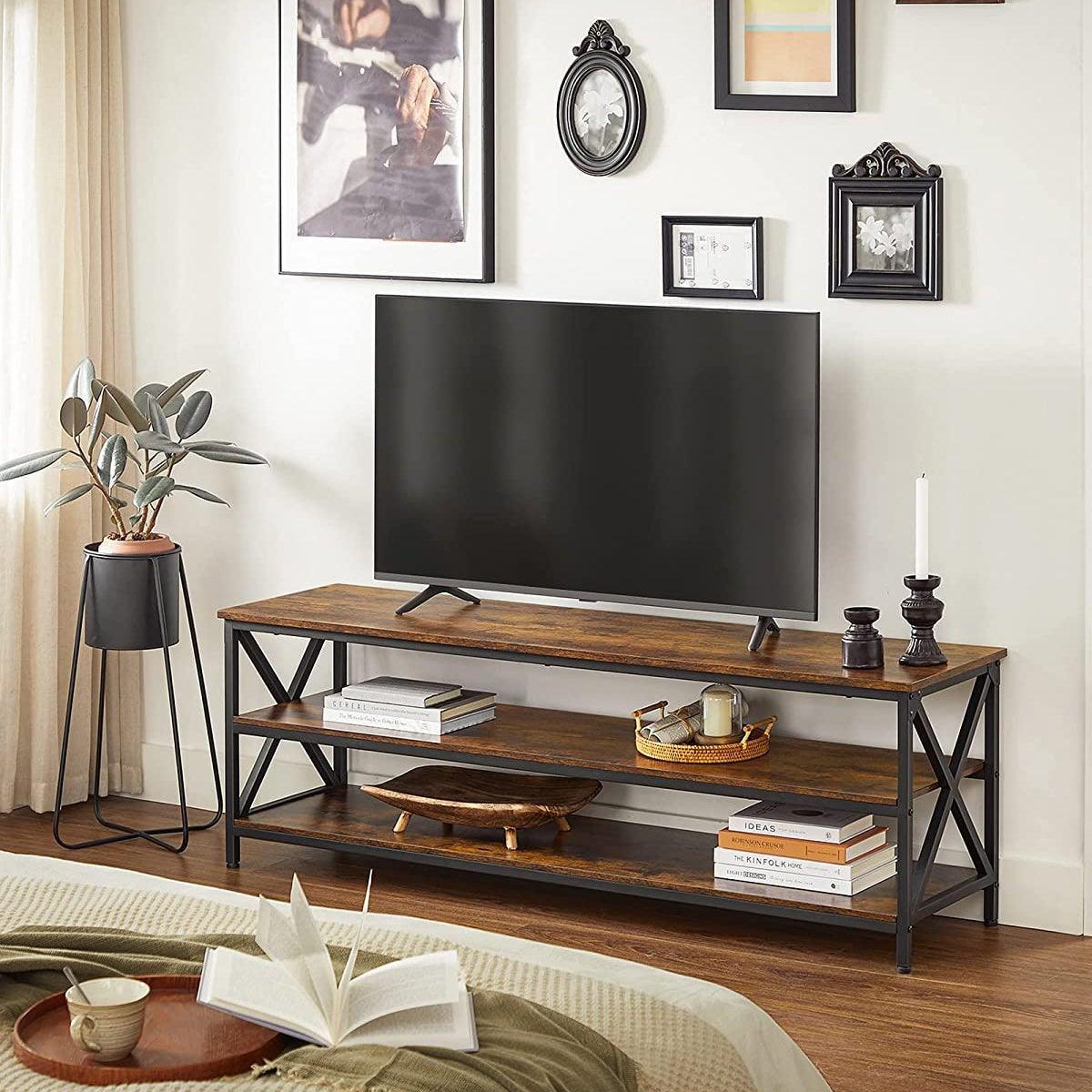 Brown TV Bench with X-Shape Steel Frame FredCo