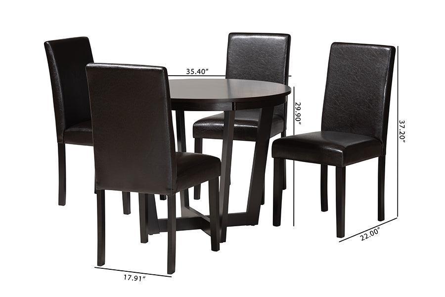 Bruna Modern Dark Brown Faux Leather and Espresso Brown Finished Wood 5-Piece Dining Set FredCo