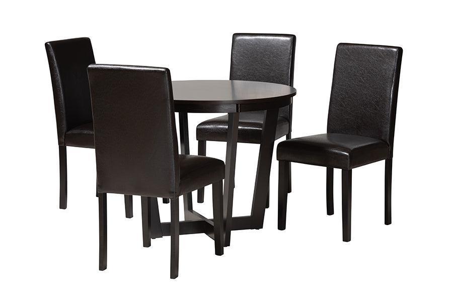 Bruna Modern Dark Brown Faux Leather and Espresso Brown Finished Wood 5-Piece Dining Set FredCo