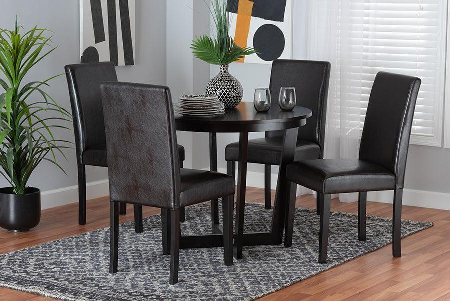 Bruna Modern Dark Brown Faux Leather and Espresso Brown Finished Wood 5-Piece Dining Set FredCo