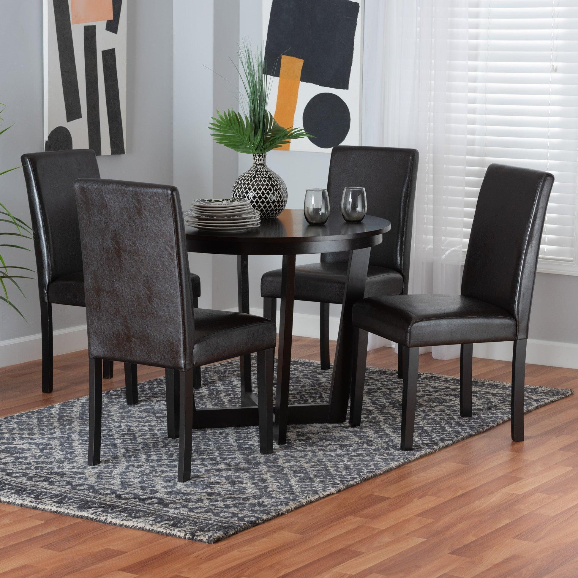 Bruna Modern Dark Brown Faux Leather and Espresso Brown Finished Wood 5-Piece Dining Set FredCo