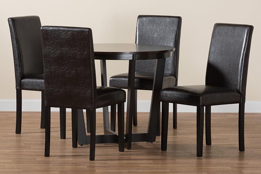 Bruna Modern Dark Brown Faux Leather and Espresso Brown Finished Wood 5-Piece Dining Set FredCo