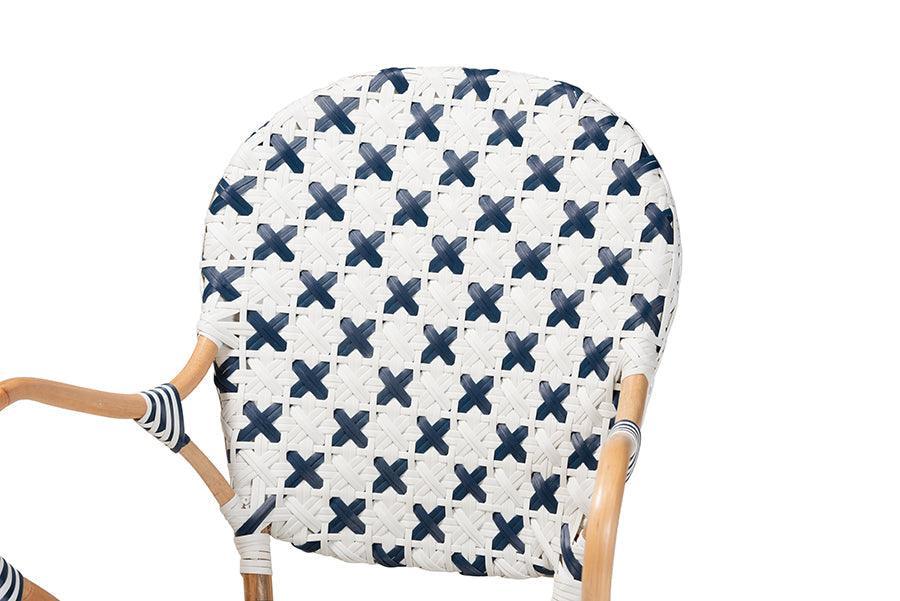 Bryson Modern French Blue and White Weaving and Natural Rattan Bistro Chair FredCo