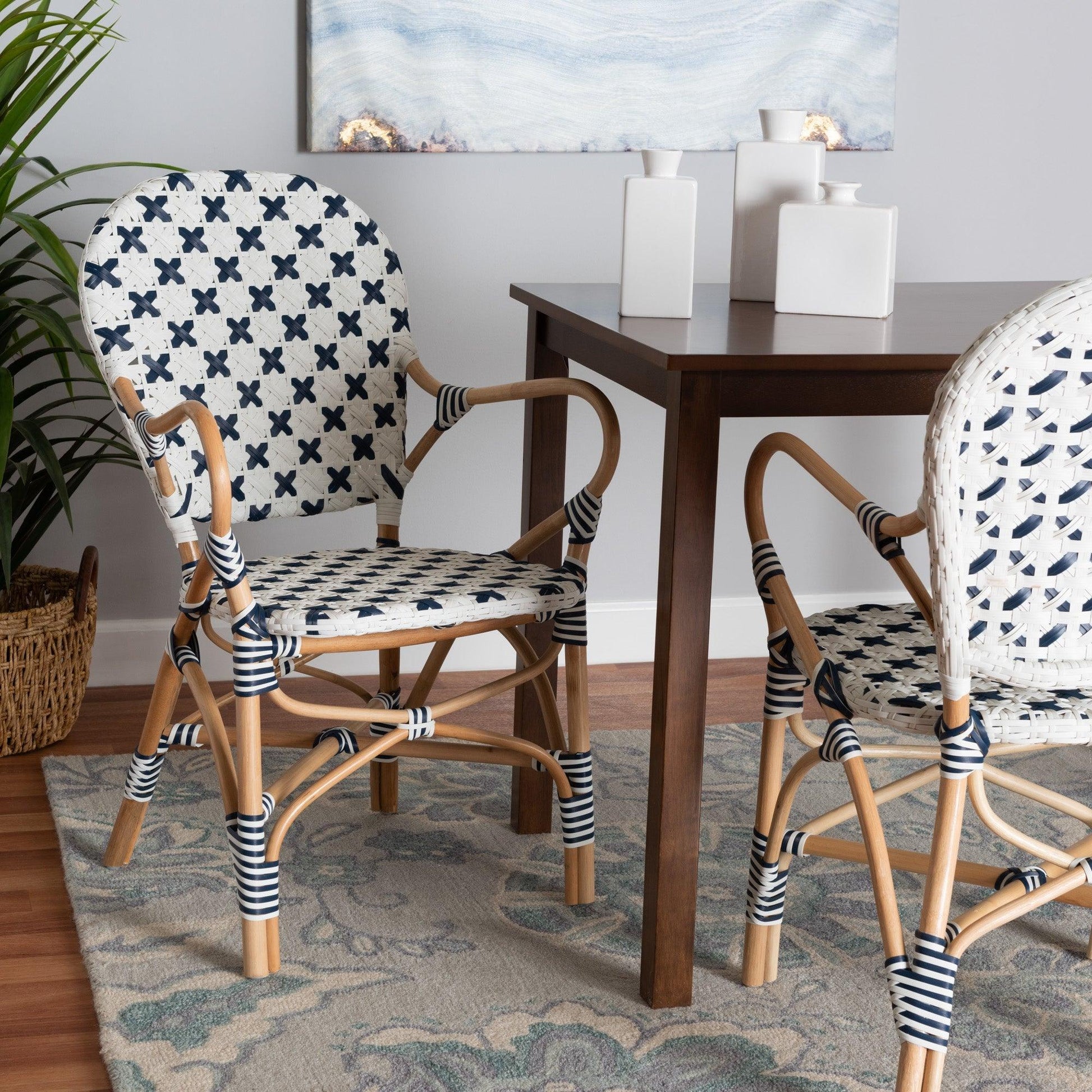 Bryson Modern French Blue and White Weaving and Natural Rattan Bistro Chair FredCo