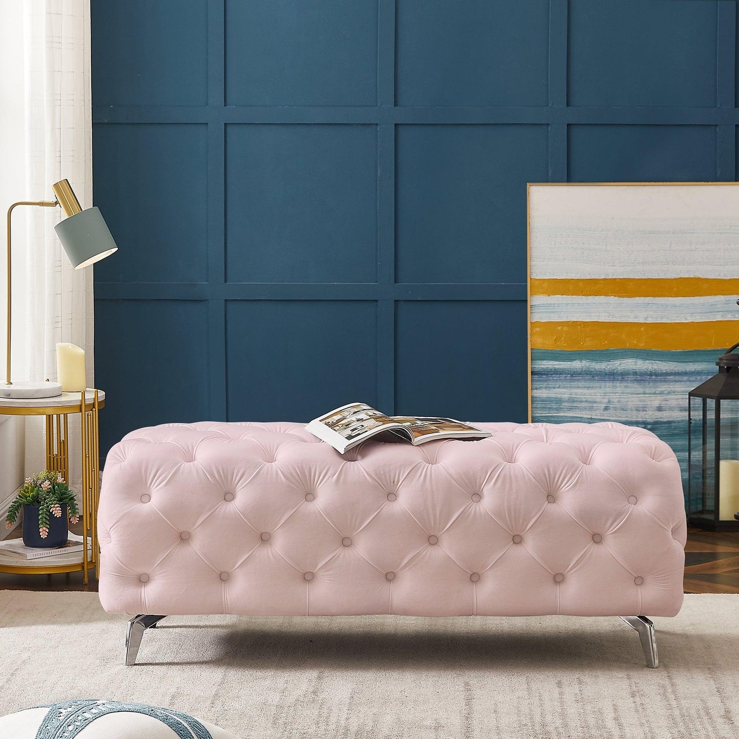 Button-Tufted Ottoman Bench, Upholstered Velvet Footrest Stool Accent Bench FredCo