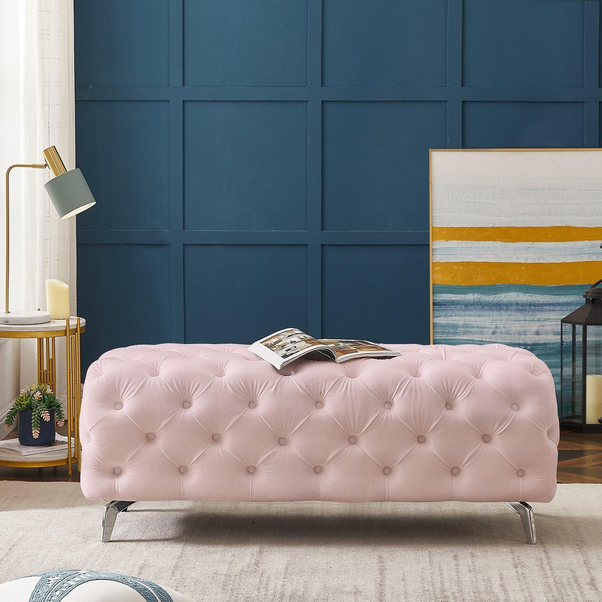 Button-Tufted Ottoman Bench, Upholstered Velvet Footrest Stool Accent Bench FredCo