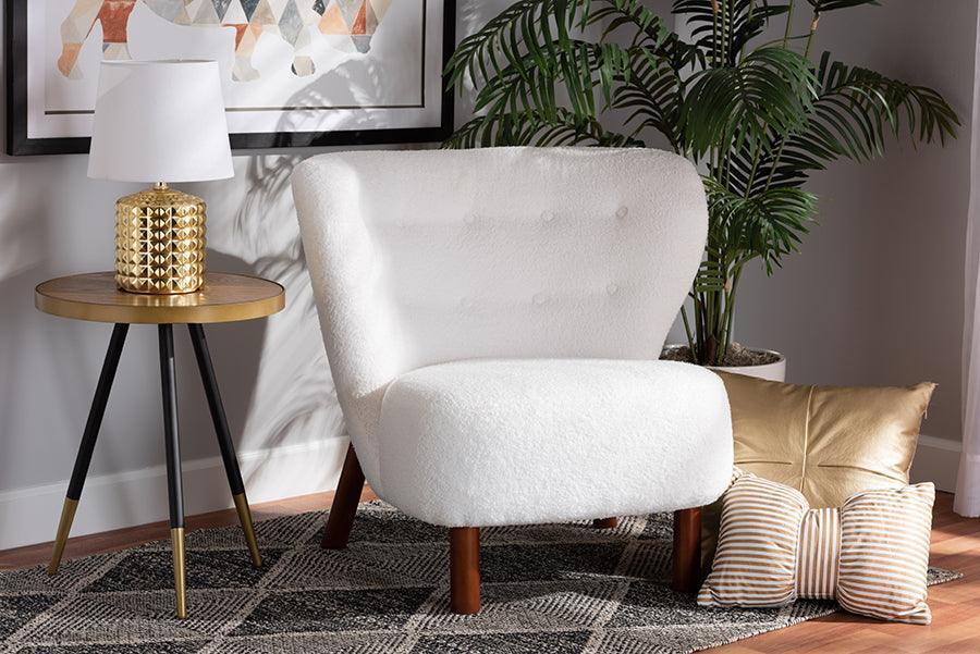 Cabrera Modern and Contemporary White Boucle Upholstered and Walnut Brown Finished Wood Accent Chair FredCo