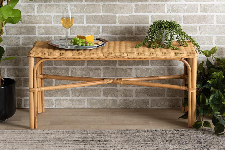Cacaban Modern Bohemian Natural Brown Rattan Accent Bench FredCo