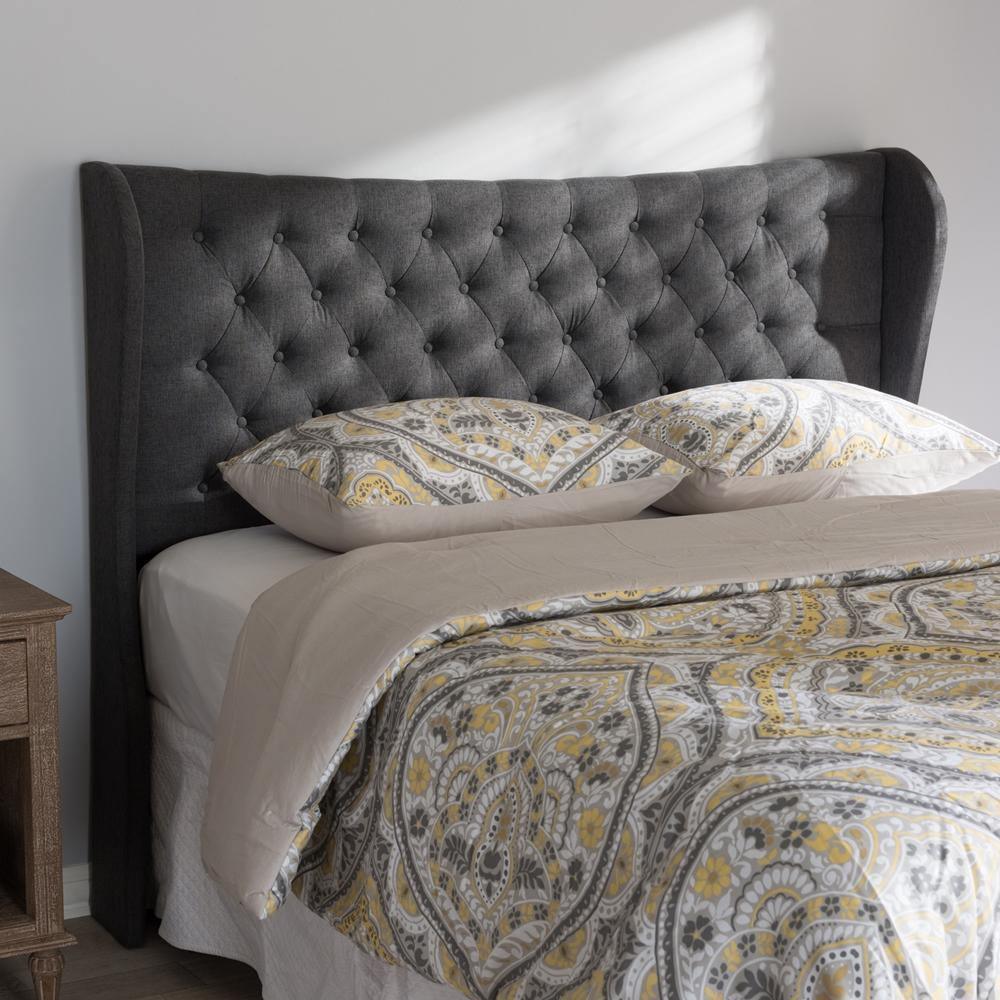 Cadence Modern and Contemporary Dark Grey Fabric Button-Tufted Queen Size Winged Headboard FredCo