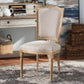 Cadencia French Vintage Cottage Weathered Oak Finish Wood and Beige Fabric Upholstered Dining Side Chair FredCo